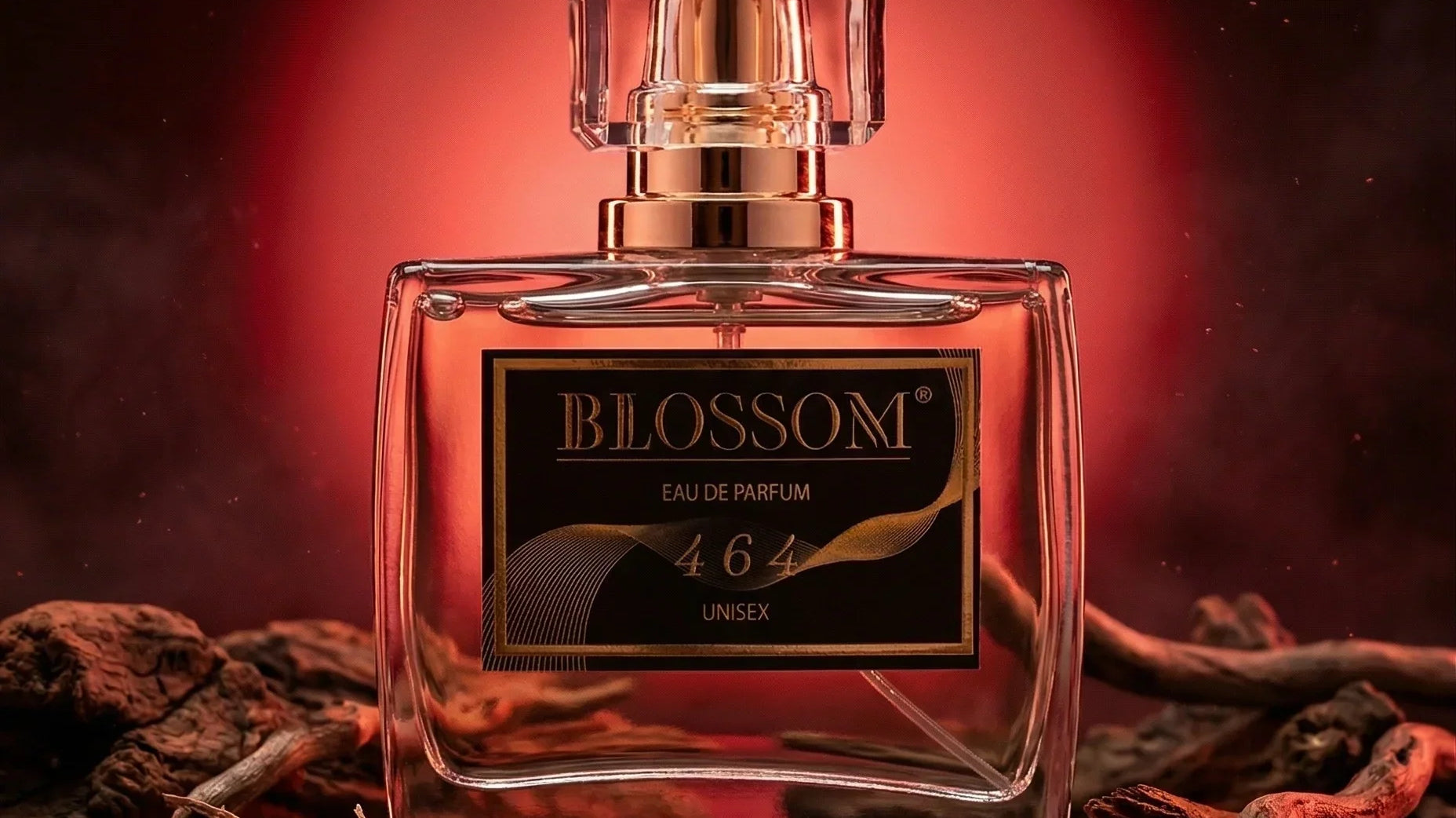 Blossom Perfumery 464 Inspired by Baccarat Rouge 540 on a dark red background. Spices and woods surround the perfume bottle, symbolizing the ingredients of the perfume.