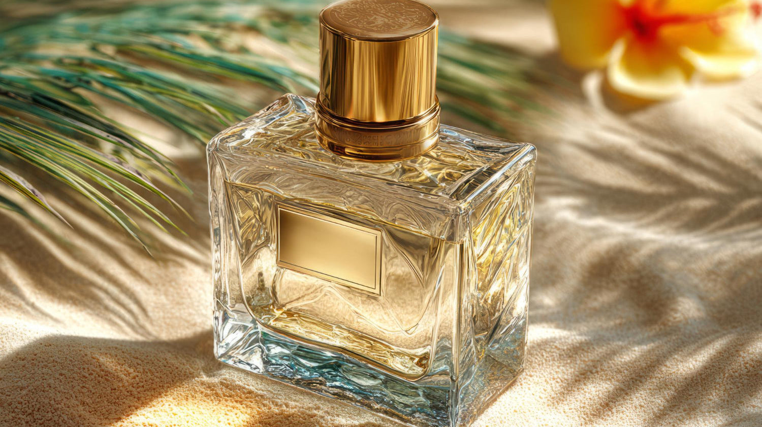 Perfume bottle on a tropical summer backdrop.