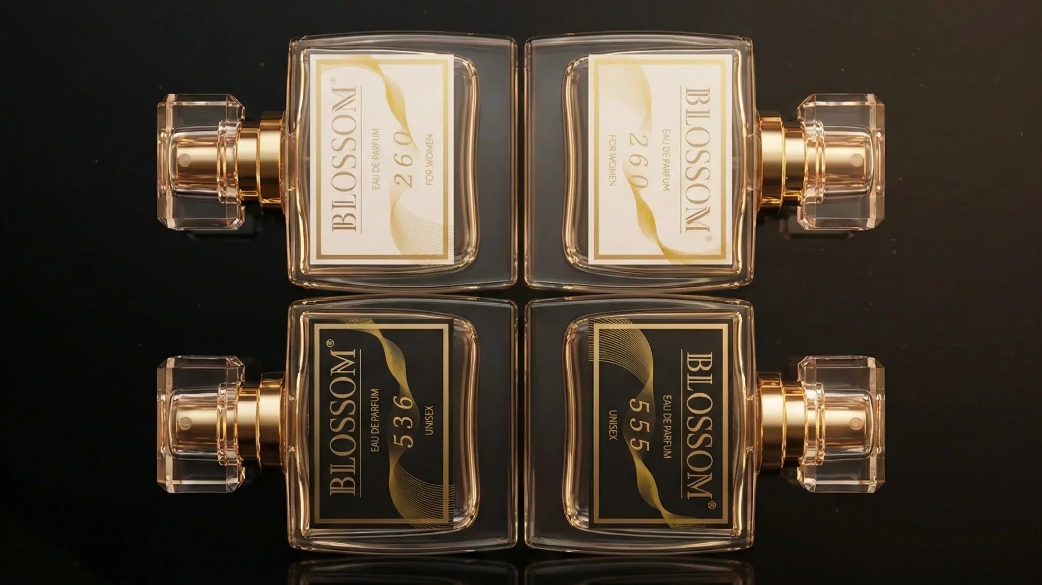 Blossom Perfumery perfume dupes on a dark, dimly highlighted background. The labeling along with the background creates a sense of luxury.