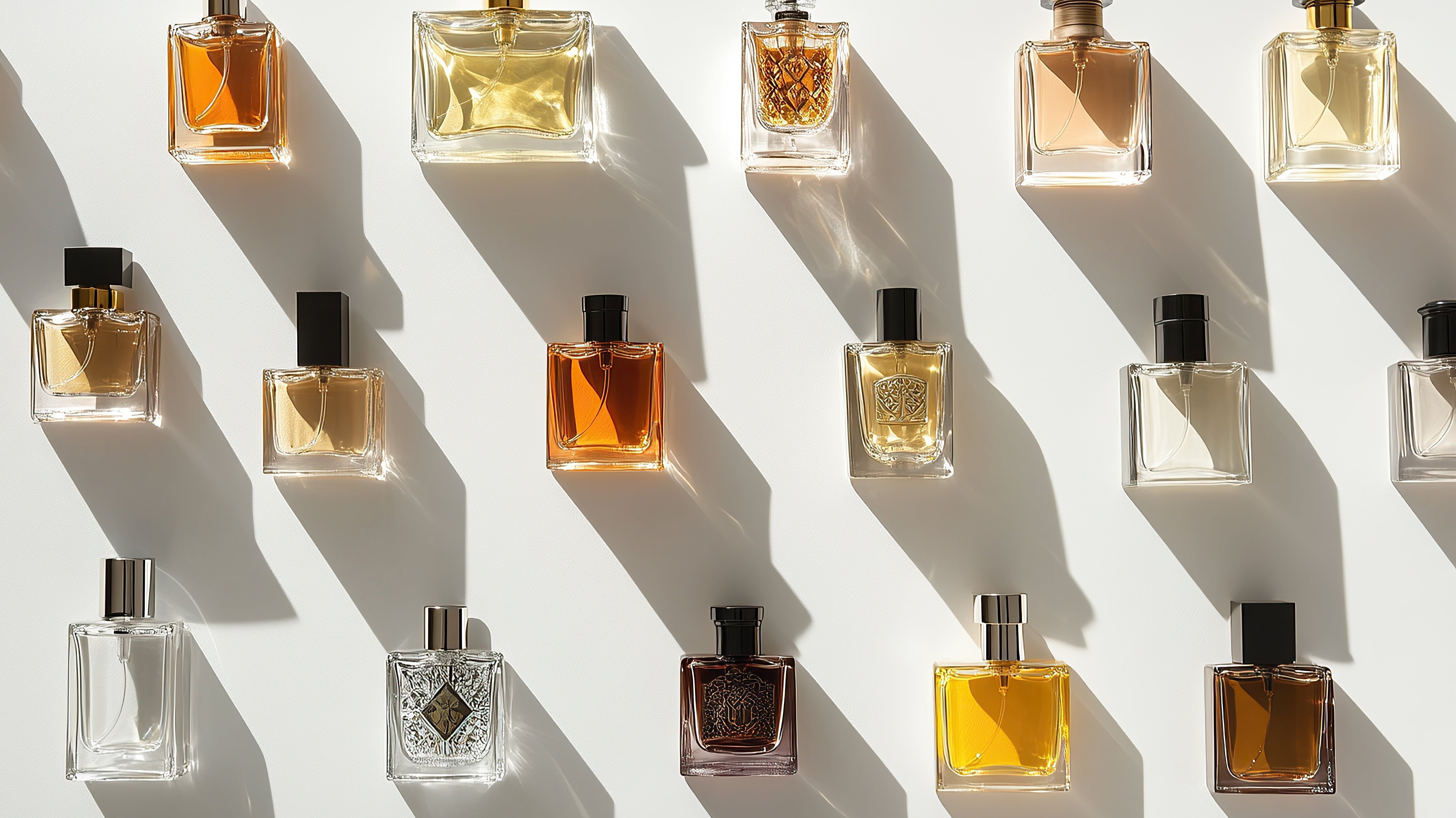 Top view of various types and sizes of perfume bottles.