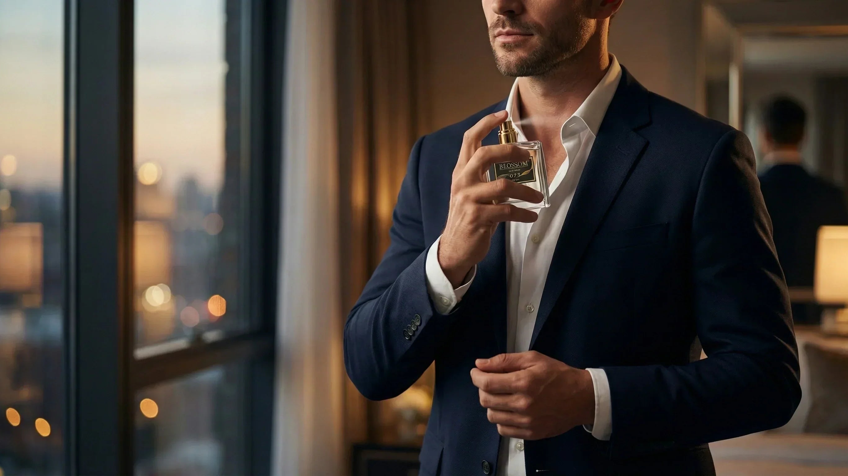 A confident man in a dark blue suit, getting ready for a date and applying a Blossom Perfumery perfume dupe. The interior of an apartment is visible in the background.