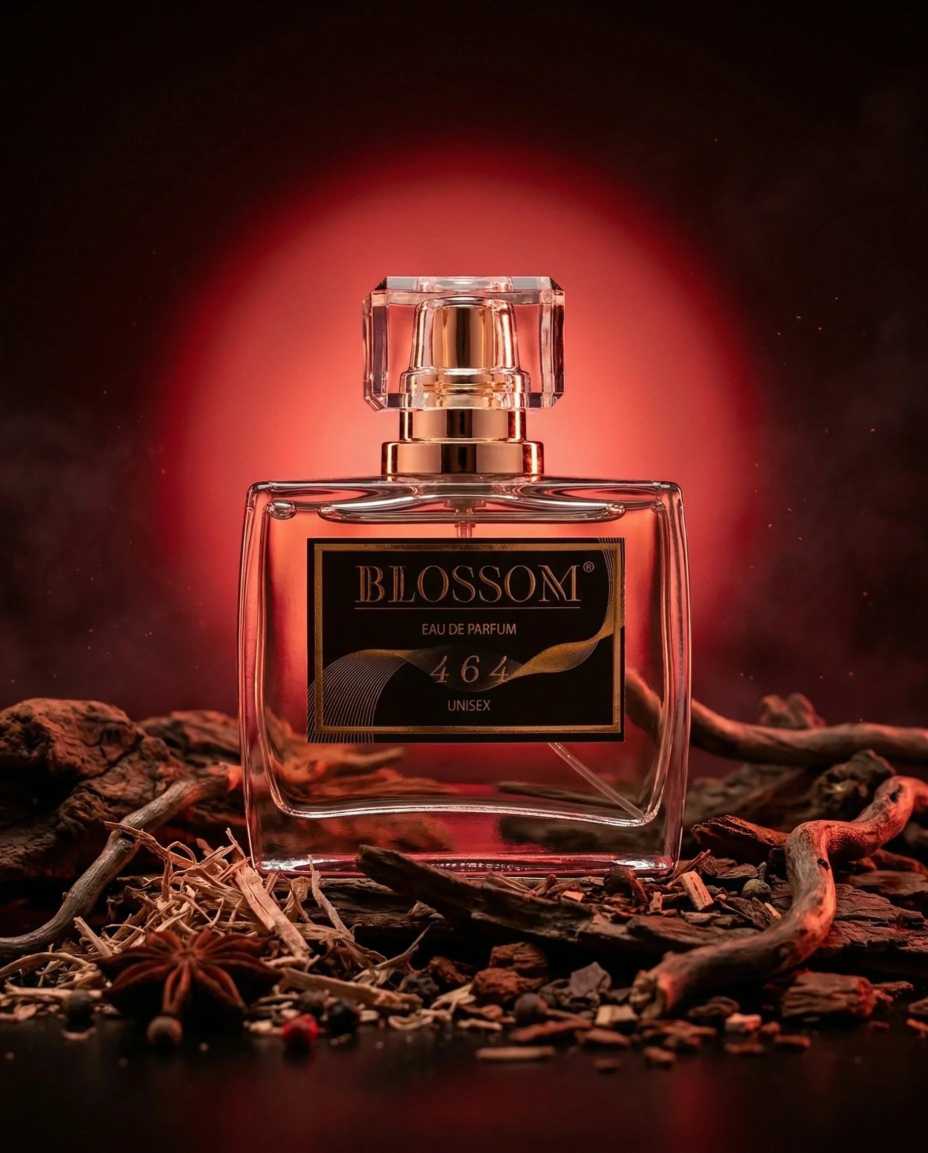 Blossom Perfumery 464 Inspired by Baccarat Rouge 540 on a dark red background. Spices and woods surround the perfume bottle, symbolizing the ingredients of the perfume. 