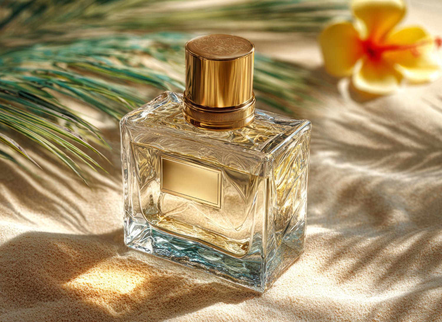Perfume bottle on a tropical summer backdrop. 