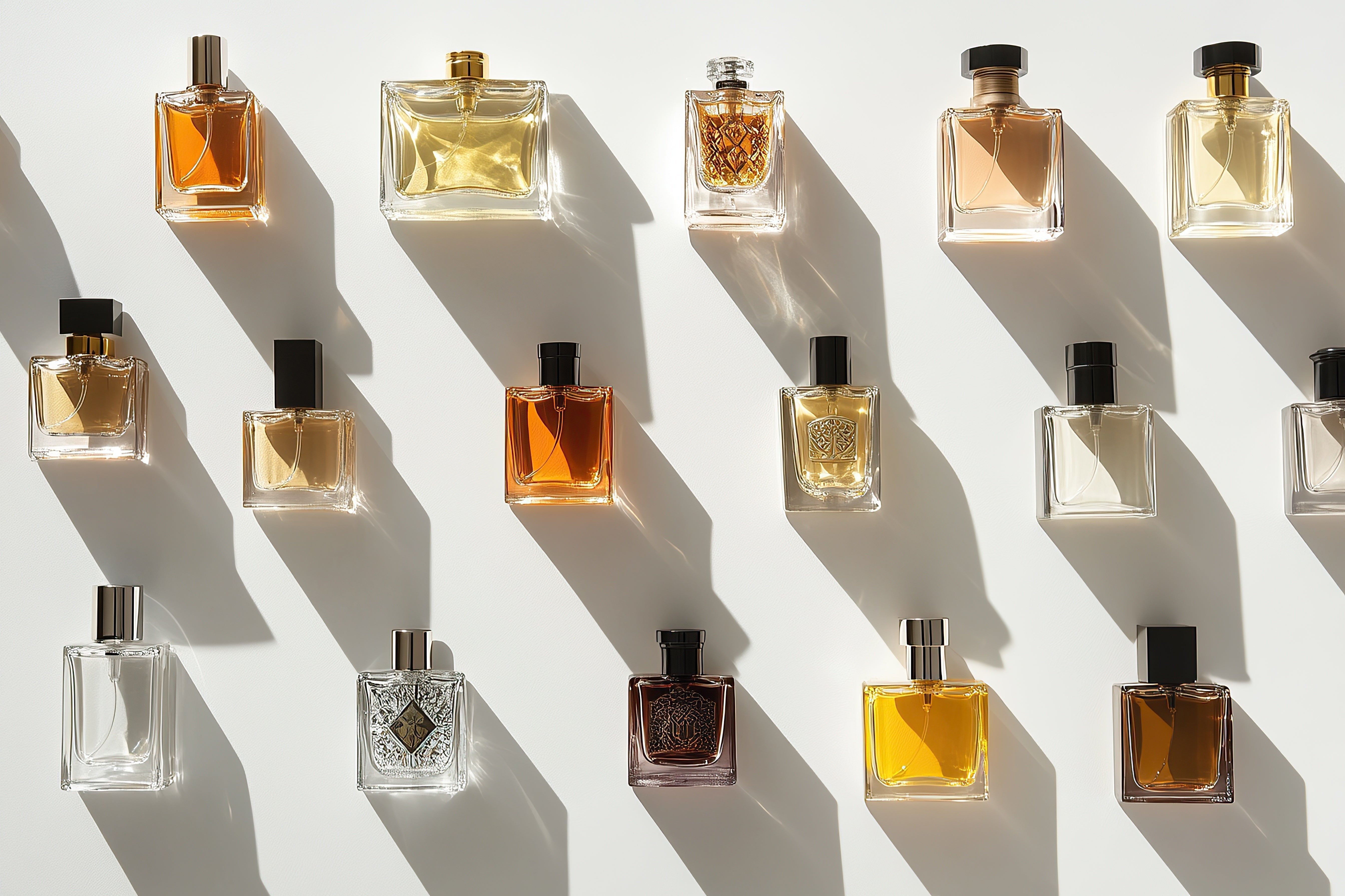 Top view of various types and sizes of perfume bottles.