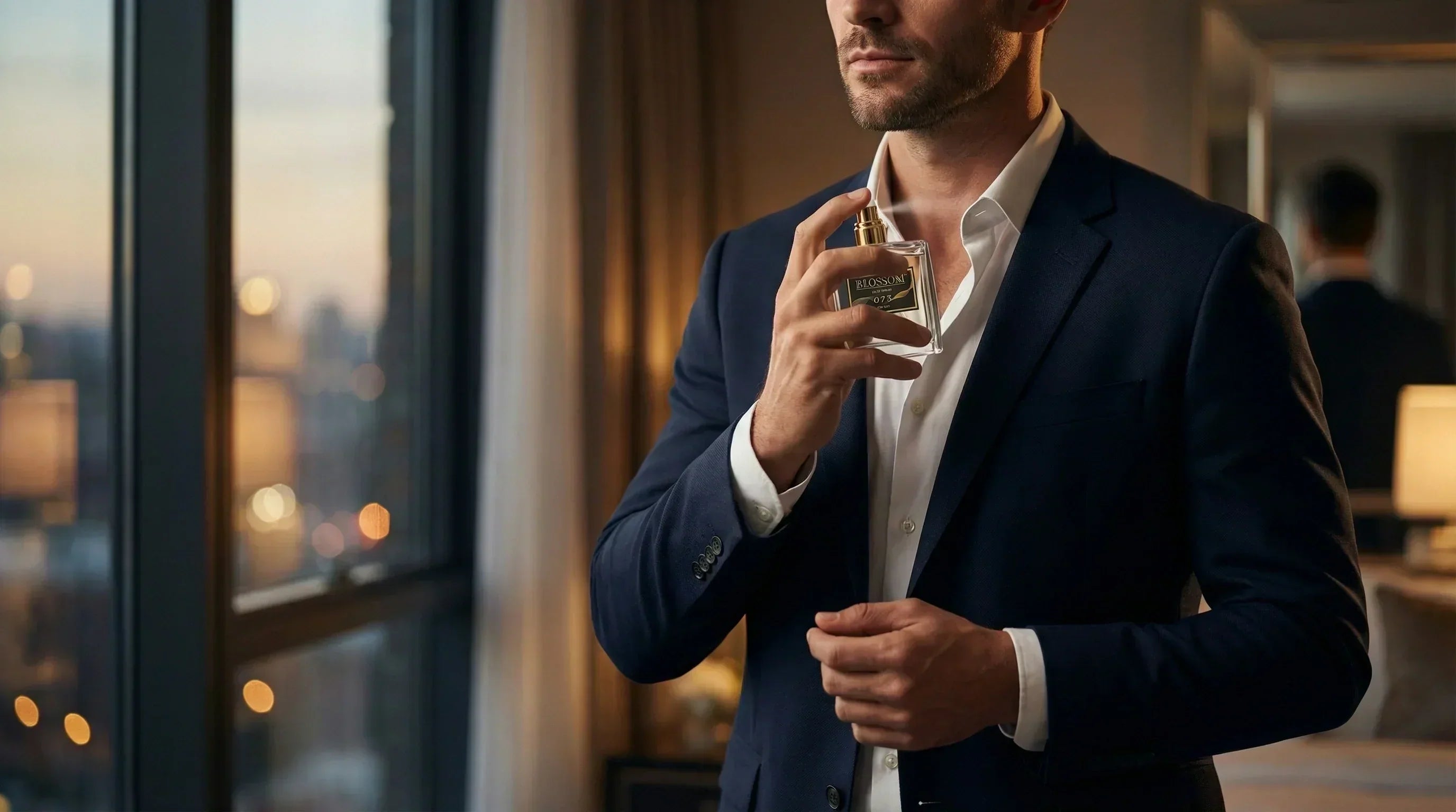 A confident man in a dark blue suit, getting ready for a date and applying a Blossom Perfumery perfume dupe. The interior of an apartment is visible in the background.
